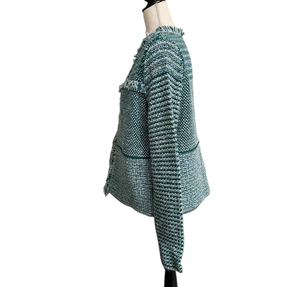 Chico’s Pacific Teal Structured Tweed Fringe Cardigan Jacket NWT Size 1 - Picture 9 of 16